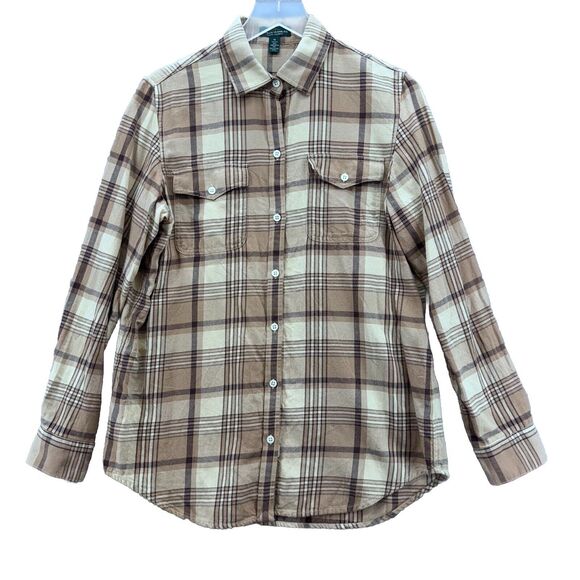 LRL Lauren Jeans Co. Womens Button Down Plaid Shirt Size Medium Tan Countryside - Picture 1 of 10